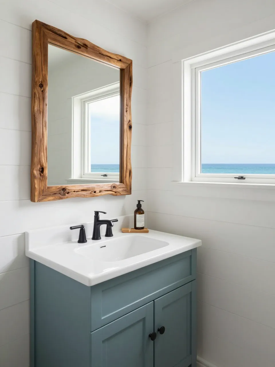 Coastal bathroom interior with driftwood mirror, blue-green vanity, and ocean view through the window