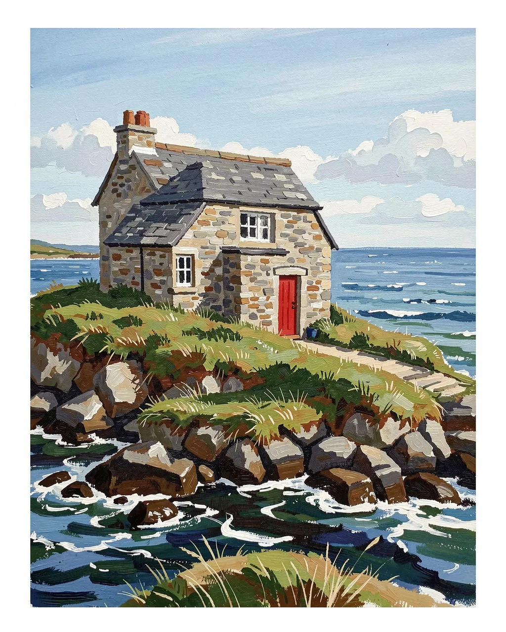 Gouache painting of a stone cottage with a red door perched on a grassy rocky headland above a choppy blue sea under a