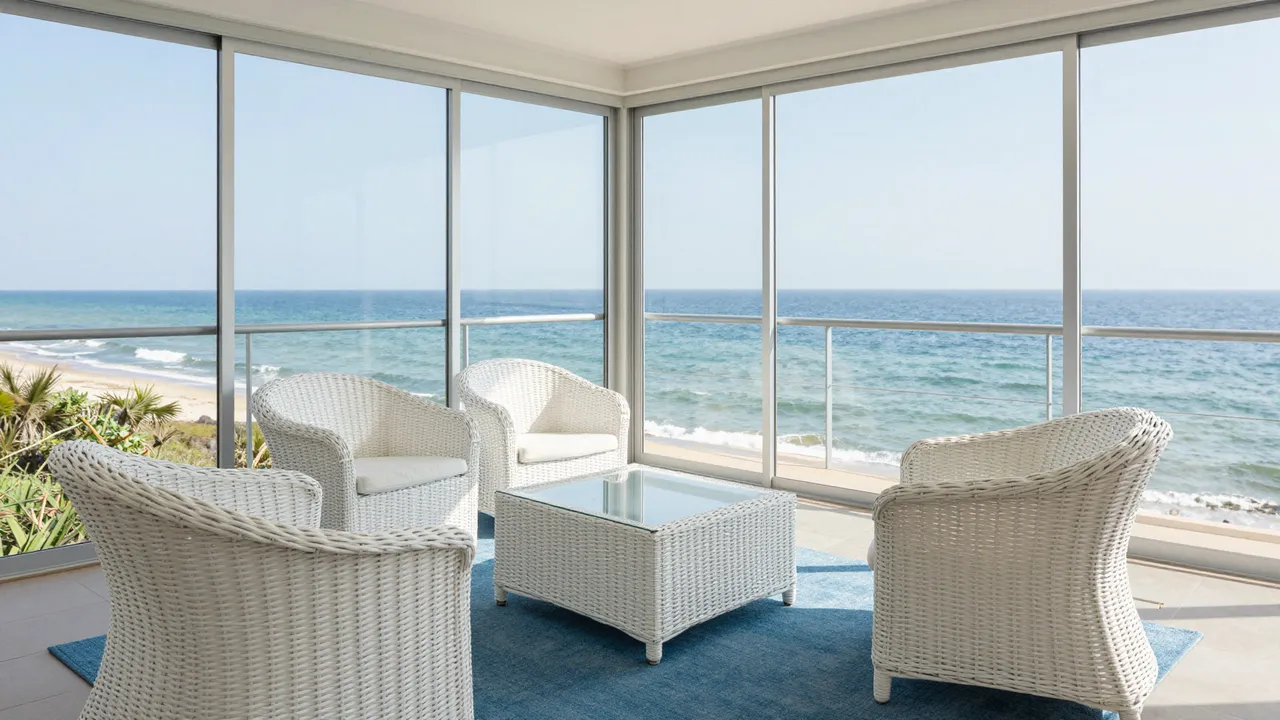 Bright enclosed sunroom with white wicker seating faces a sunny beach and ocean through floor-to-ceiling glass walls