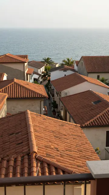 Balcony view overlooking terracotta roofed coastal buildings toward the calm hazy sea at morning