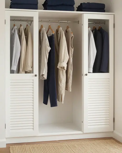 White louvered closet holding sand and navy linen clothes above a seagrass rug