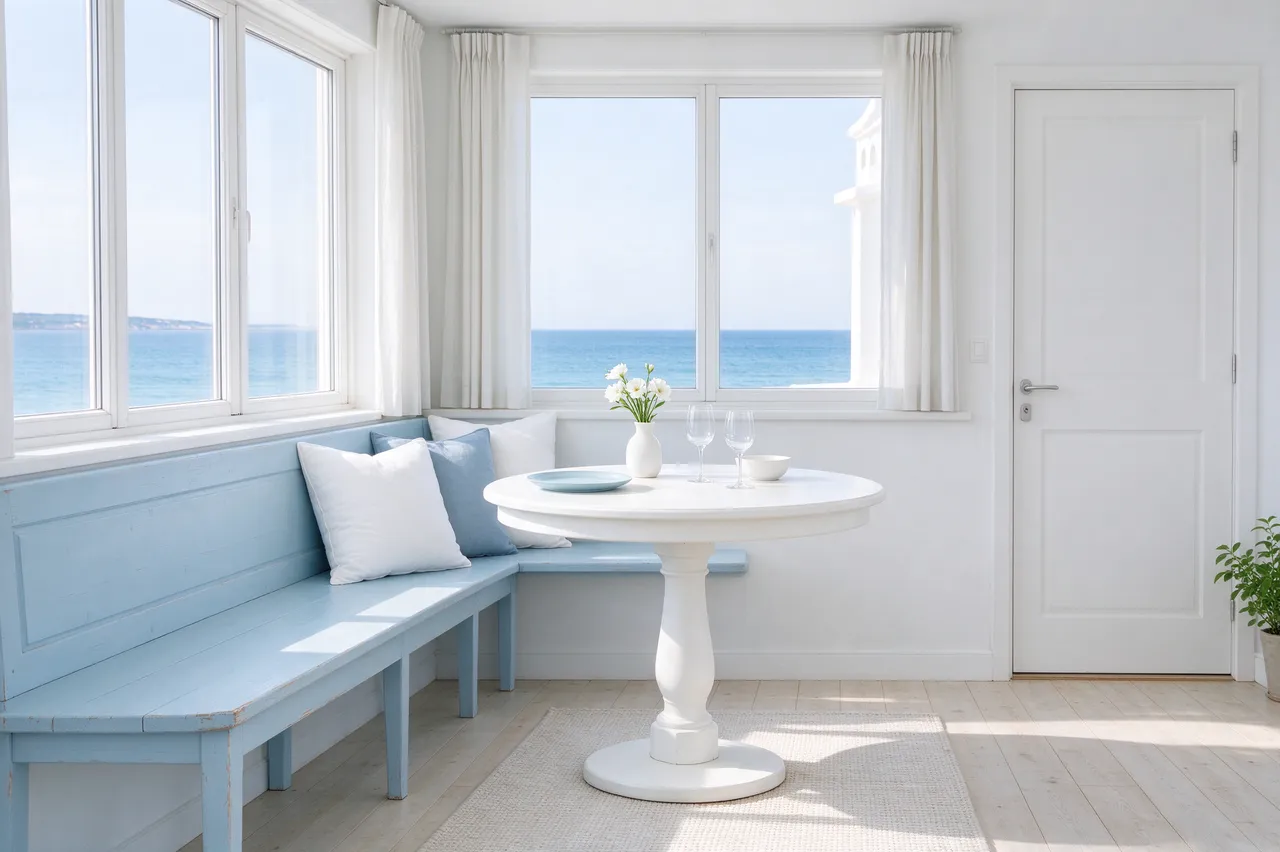 Bright coastal breakfast nook with light blue built-in bench, round white table, and ocean view through wide windows