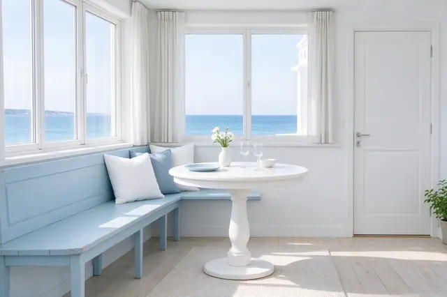 Bright coastal breakfast nook with light blue built-in bench, round white table, and ocean view through wide windows