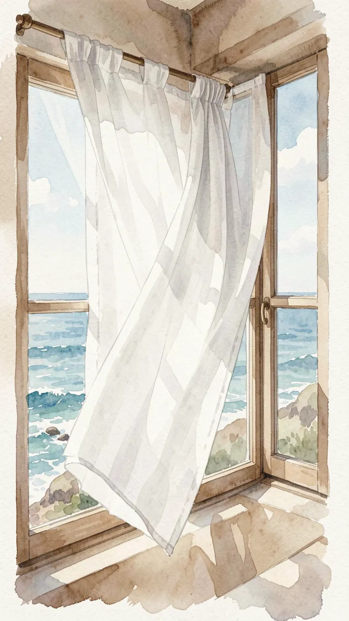 Watercolor illustration of a sheer white linen curtain blowing in sea wind from an open ocean-facing window