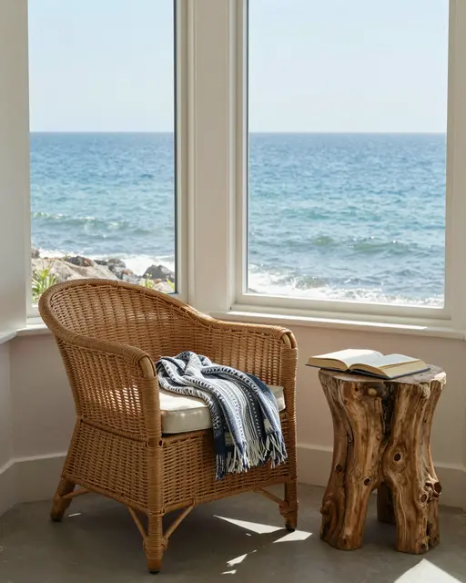 A rattan armchair with a blue throw sits next to a driftwood side table by a sea view window.