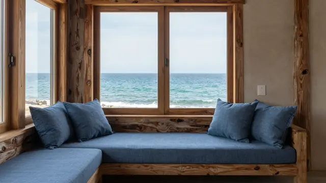 Rustic wooden window seat with blue linen cushions overlooks the ocean through large wood-framed windows