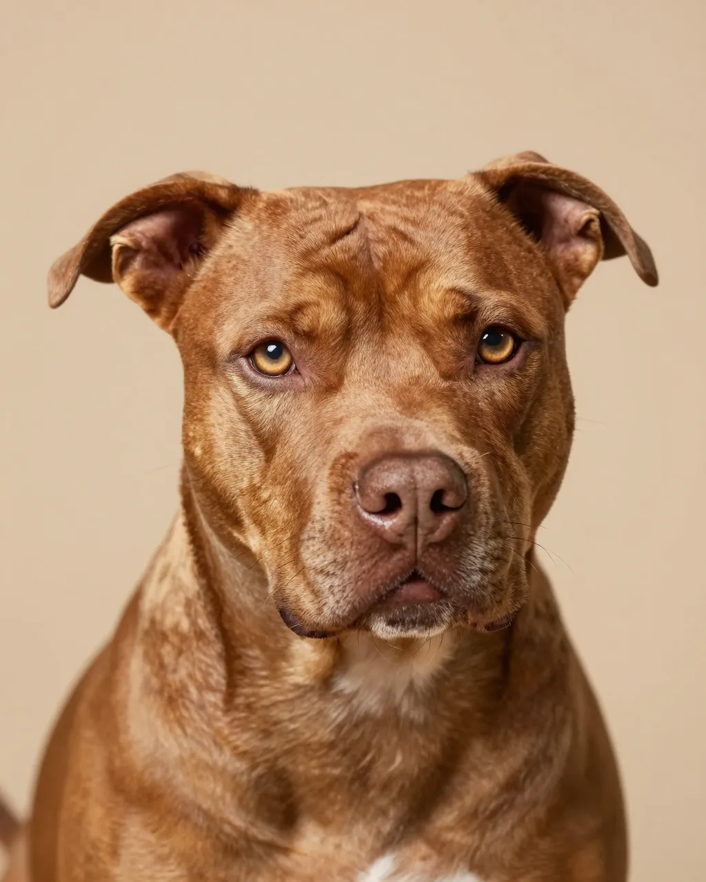 Headshot of a copper coated pit bull with amber eyes against a warm beige studio backdrop