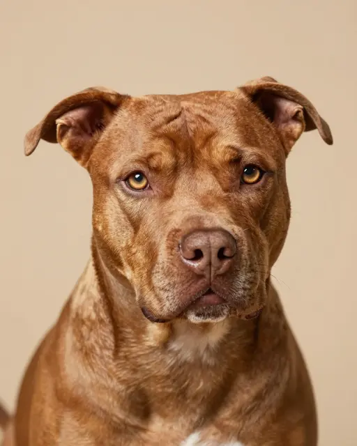 Headshot of a copper coated pit bull with amber eyes against a warm beige studio backdrop
