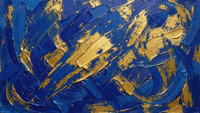 Thick textured impasto brushstrokes of cobalt blue and metallic gold overlap across a canvas surface