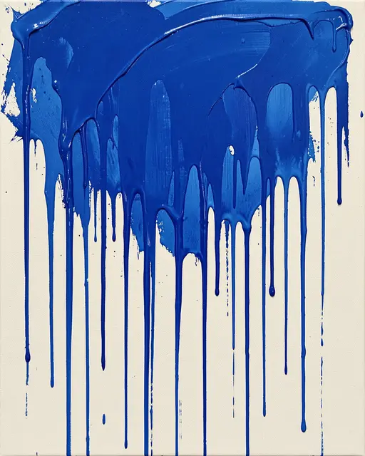 Thick cobalt blue acrylic paint drips vertically across a bare off-white canvas