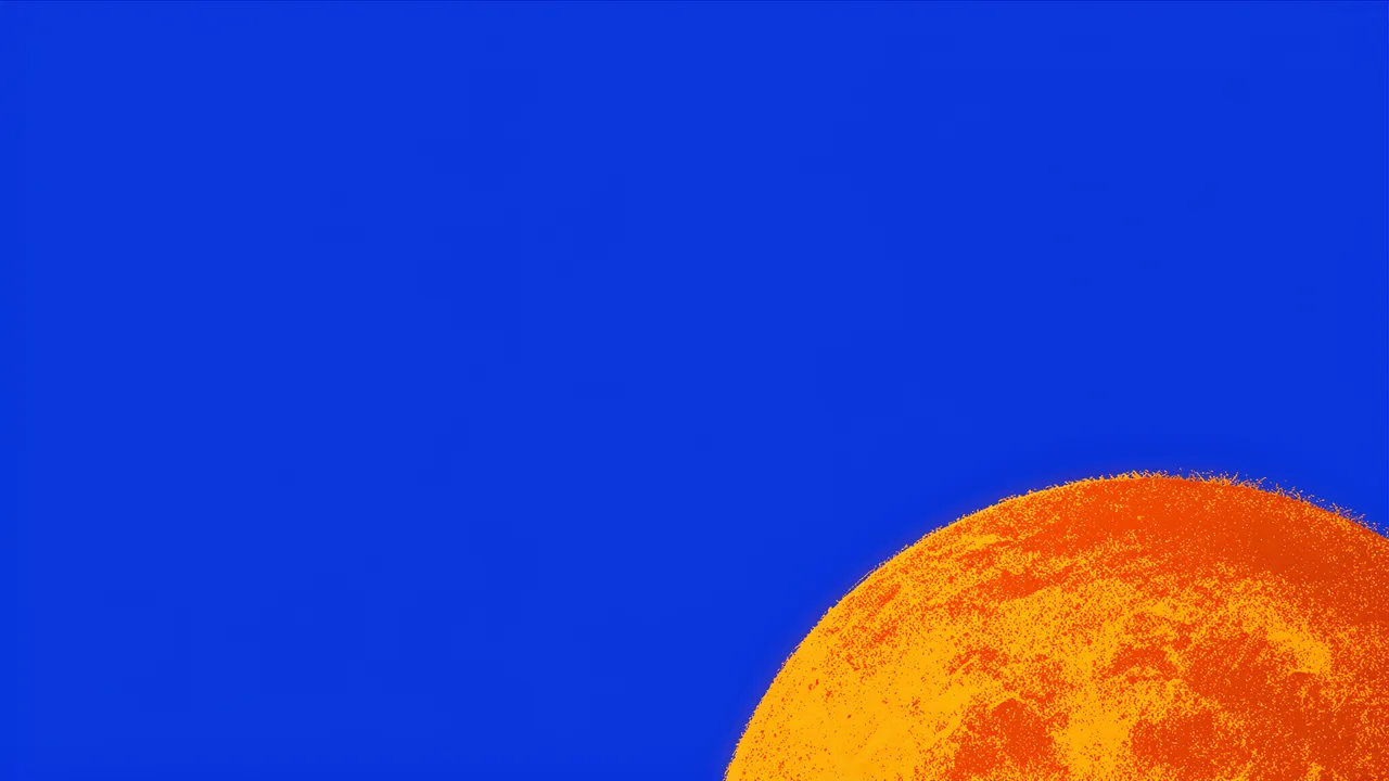 Large grainy orange sun sits partially hidden at the bottom right of a solid cobalt blue background with empty copy space.