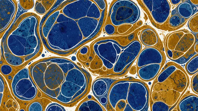 Full frame abstract marbled paper pattern with cobalt, mustard, and thin white outlined organic droplet shapes