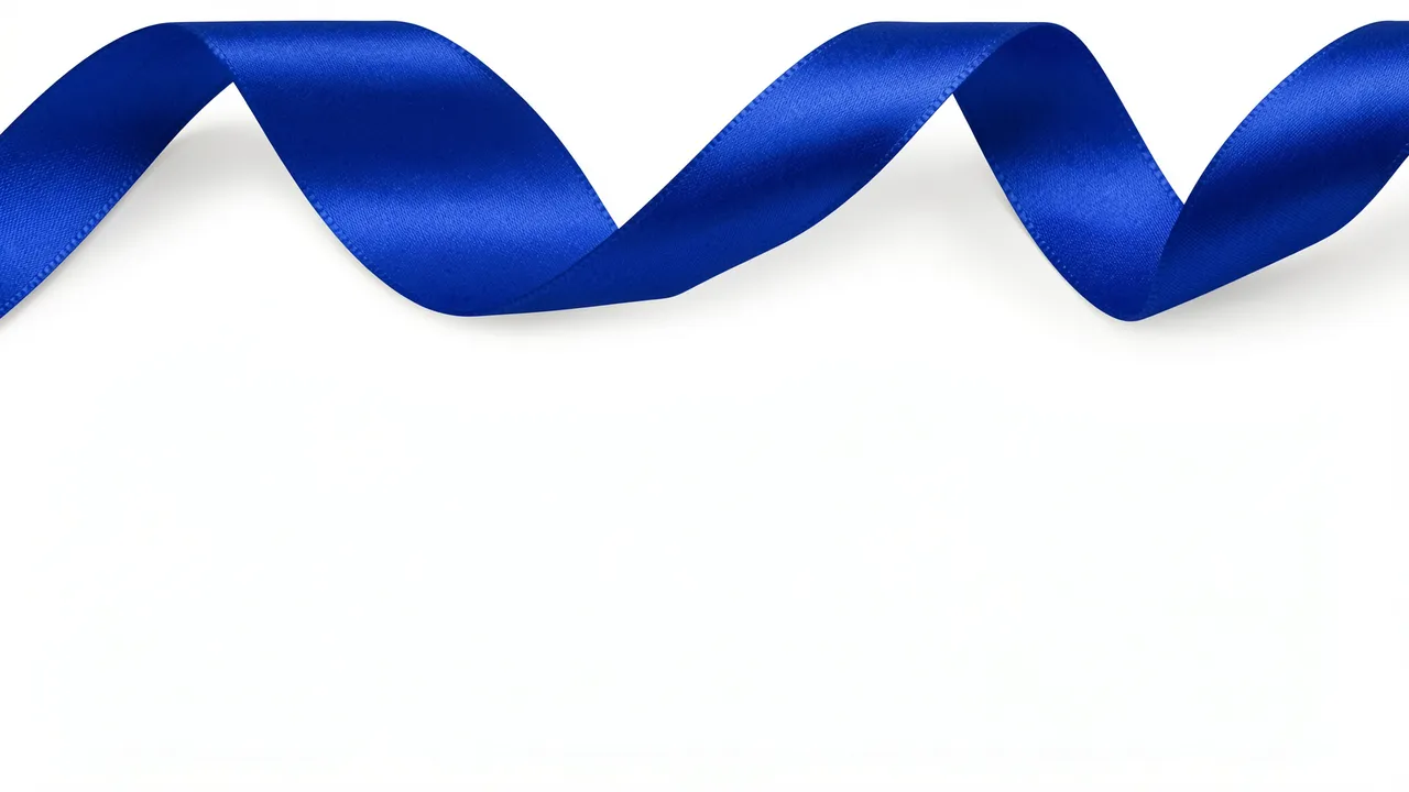 A silky cobalt blue satin ribbon curls along the top edge of a plain white background with empty copy space below.