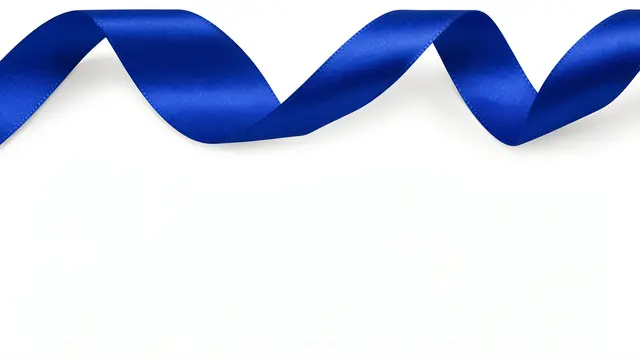 A silky cobalt blue satin ribbon curls along the top edge of a plain white background with empty copy space below.