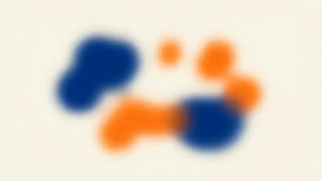 Soft blurred cobalt blue and tangerine orange amorphous shapes rest on an off-white background