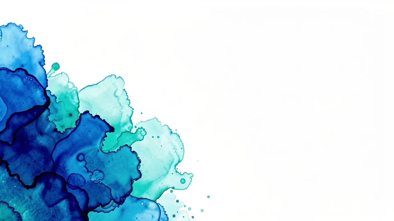 Alcohol ink bloom in cobalt and turquoise spreads from the lower left against a plain white background with open right space.