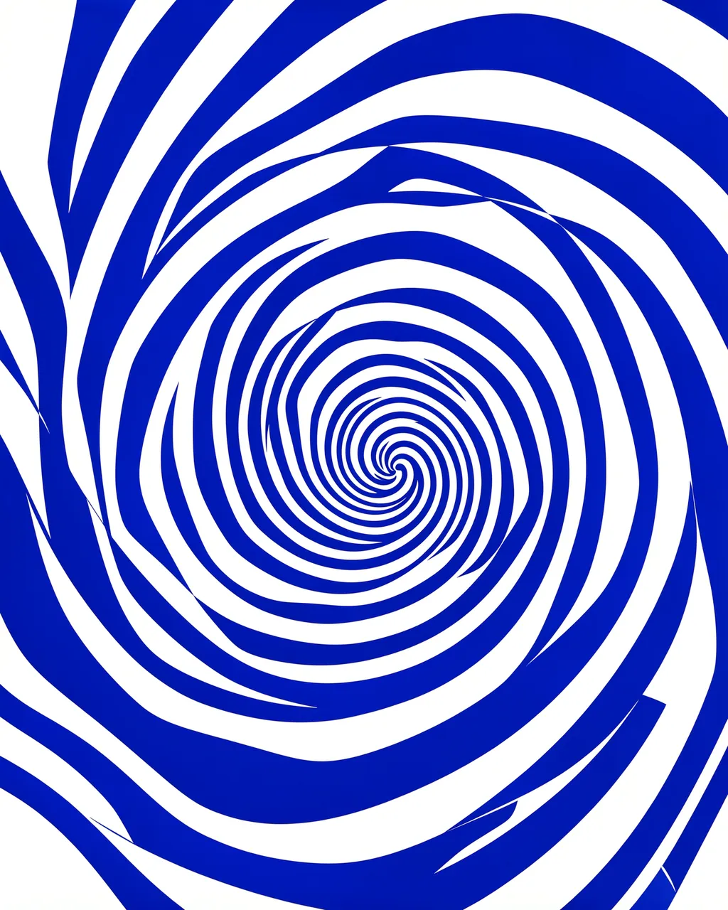 Bold cobalt blue curved bands spiral into a soft vortex against a plain white background