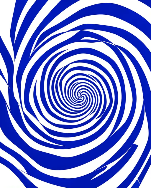 Bold cobalt blue curved bands spiral into a soft vortex against a plain white background