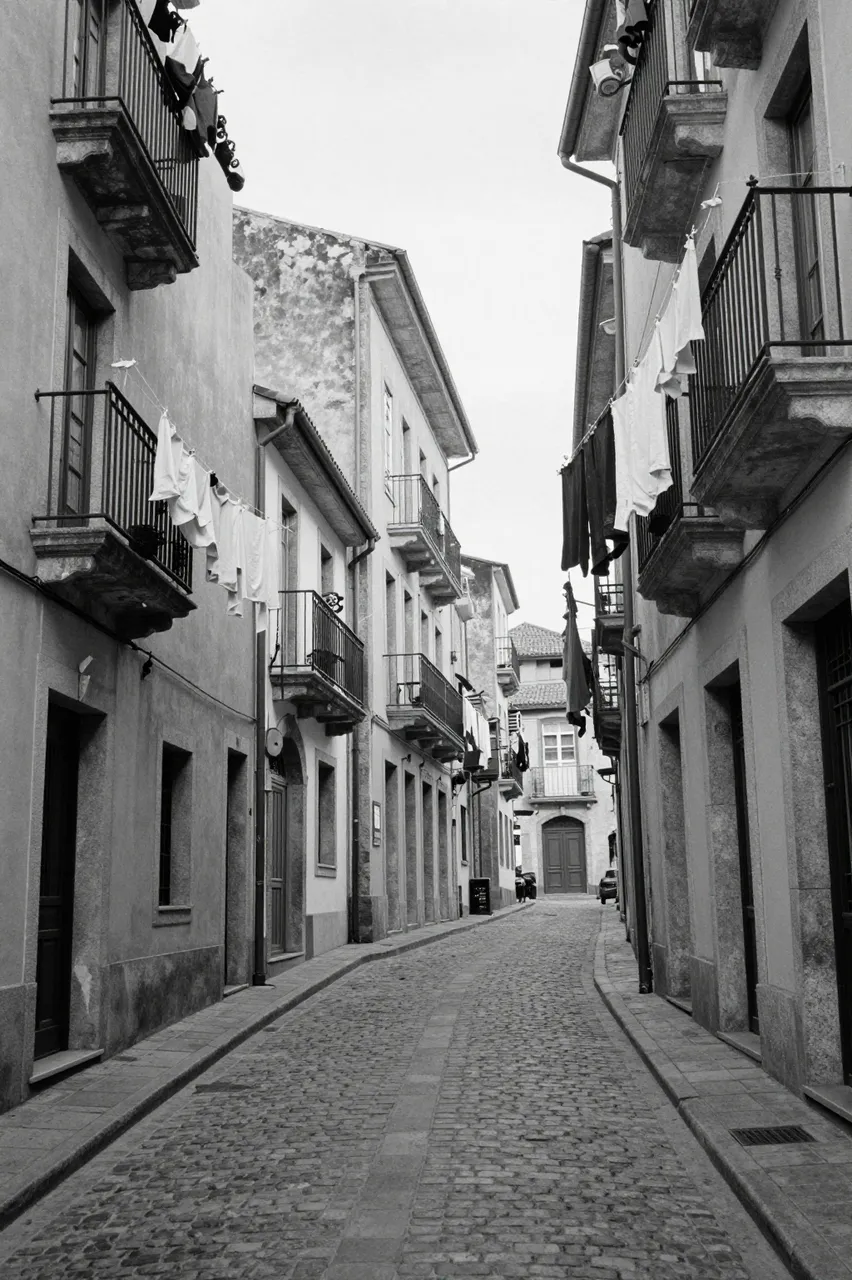 Black and white view of a steep cobbled street lined with old buildings and hanging laundry between balconies