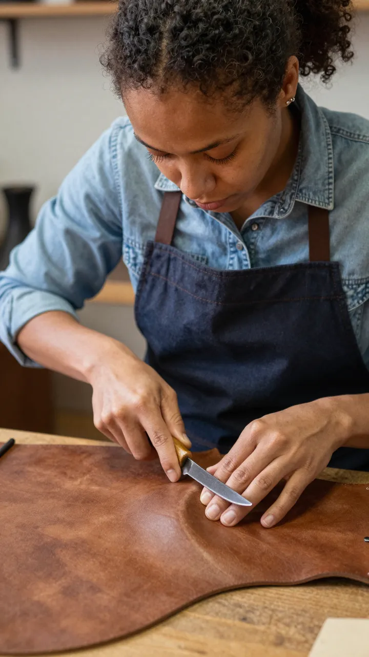 A mixed-race female craftsperson cuts brown leather with a small knife at a workbench.