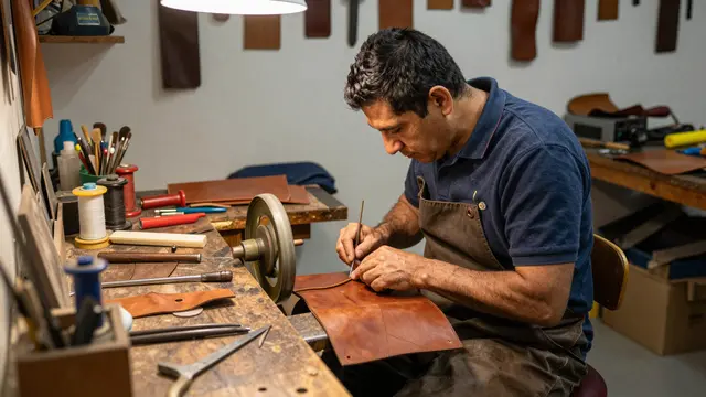 A Latino cobbler carefully works on a brown leather piece at his cluttered workshop workbench