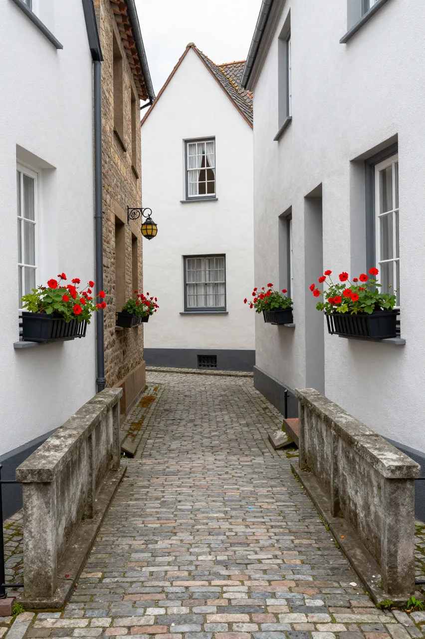 Narrow cobblestone residential alley lined with flower boxes of red geraniums between old town buildings