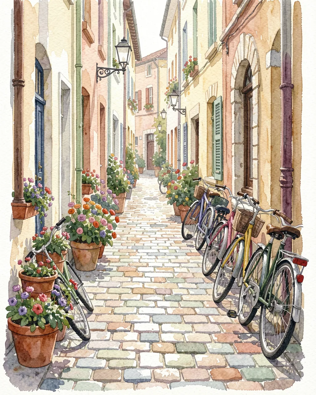 Watercolor illustration of a narrow sunlit cobbled street lined with flower pots and parked bicycles