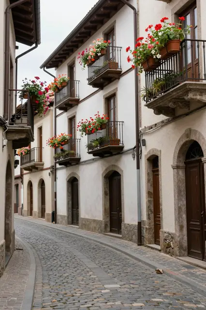 Narrow curved cobblestone street lined with European buildings and flower-filled balconies under overcast light