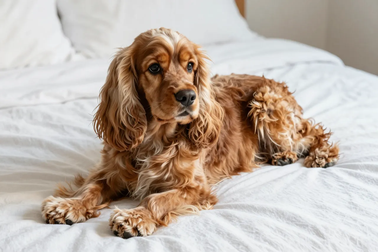 A buff feathered American Cocker Spaniel lies relaxed on a white linen bed in soft morning light.