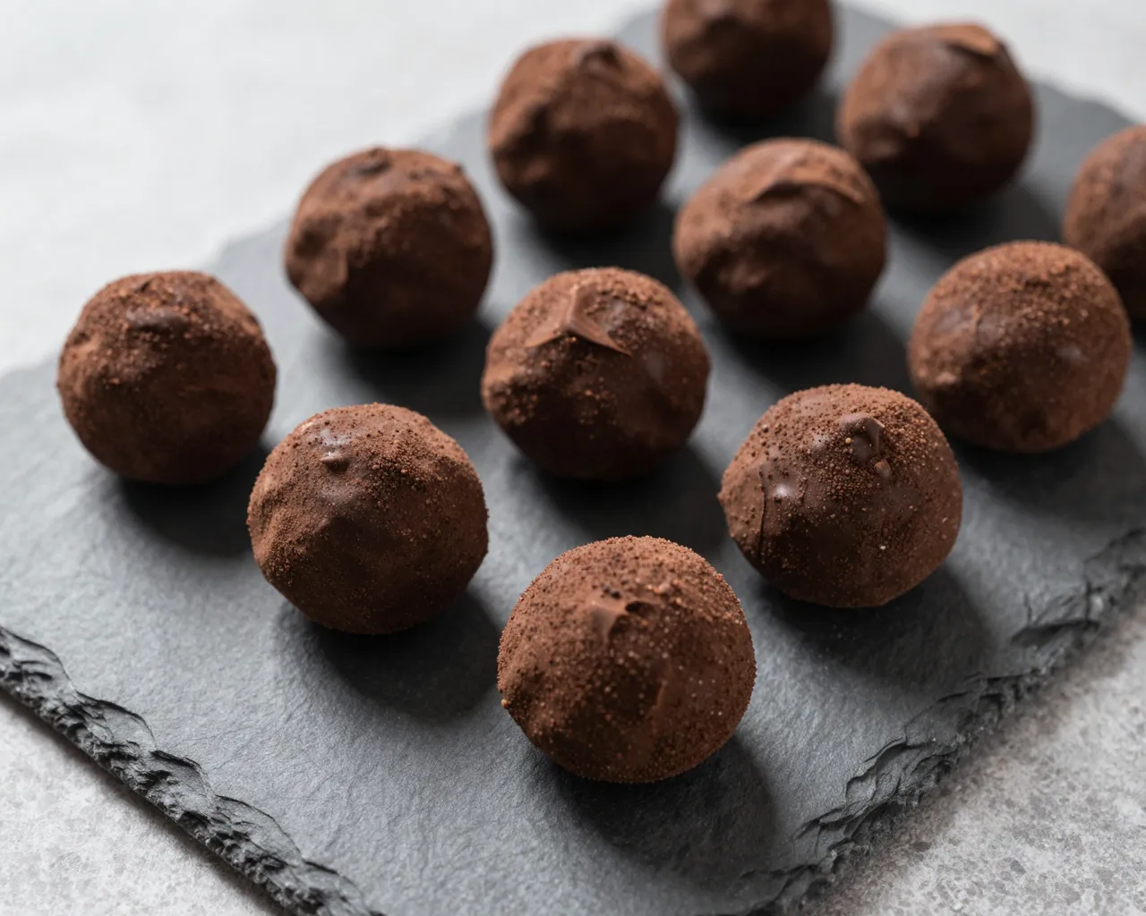 Cocoa-dusted chocolate truffles arranged on a dark slate serving board over a light countertop.