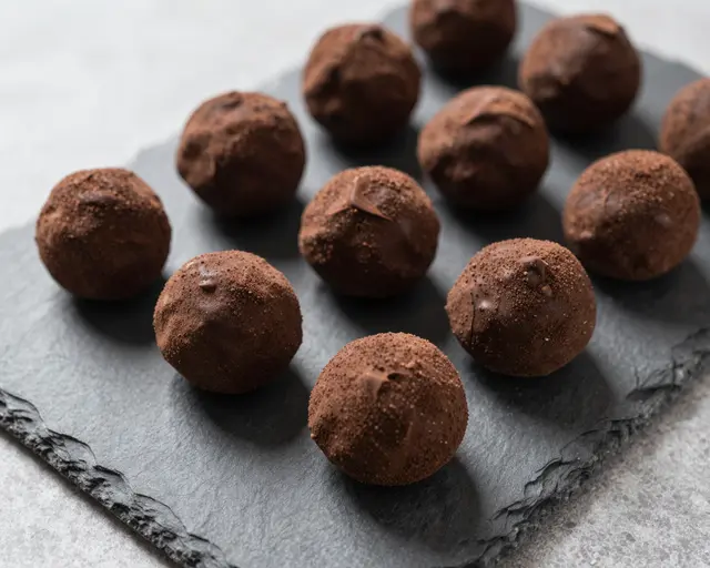Cocoa-dusted chocolate truffles arranged on a dark slate serving board over a light countertop.