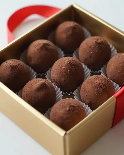 A gold gift box filled with cocoa-dusted chocolate truffles sits beside a loose red ribbon on a pale surface.