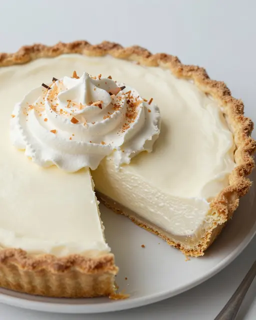 Whole coconut cream pie with one cut slice, topped with whipped cream and toasted coconut on a white plate