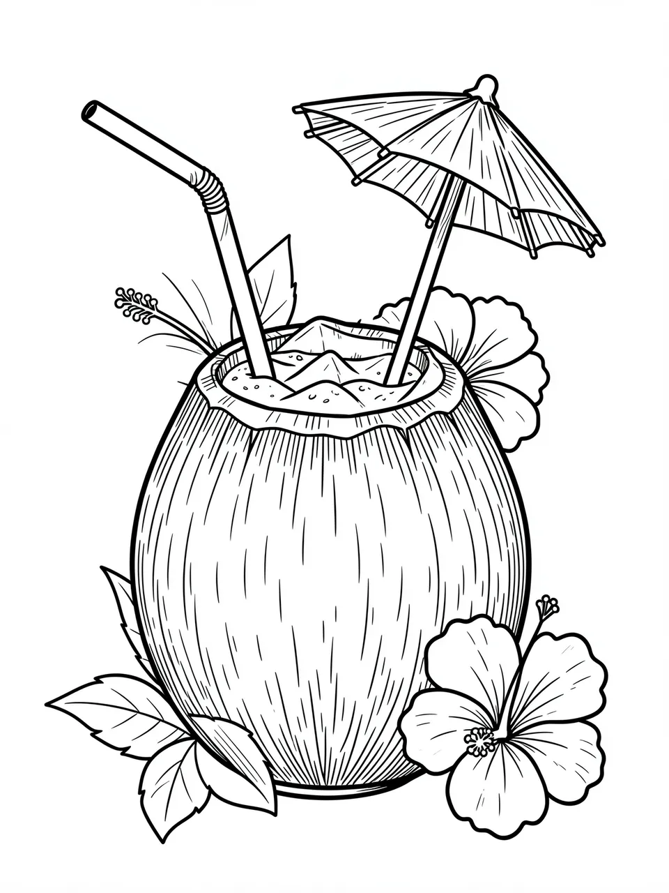 Black and white line art of a coconut tropical drink with a straw, umbrella, and hibiscus flowers on a white background
