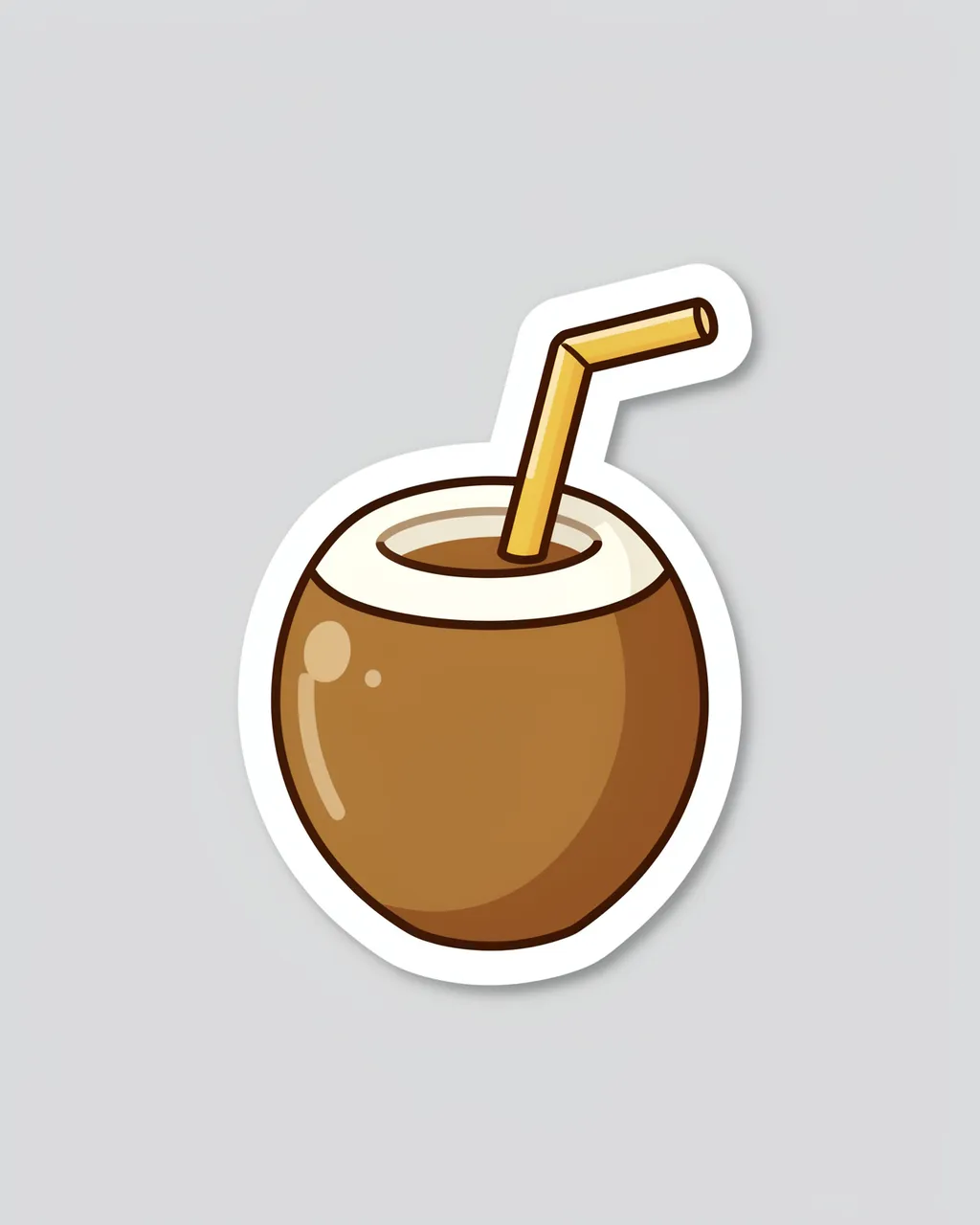 Flat cute die-cut sticker of a coconut drink with a straw on a light gray background