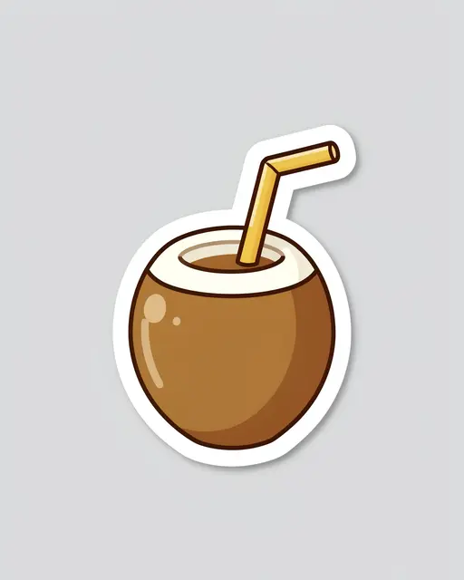 Flat cute die-cut sticker of a coconut drink with a straw on a light gray background