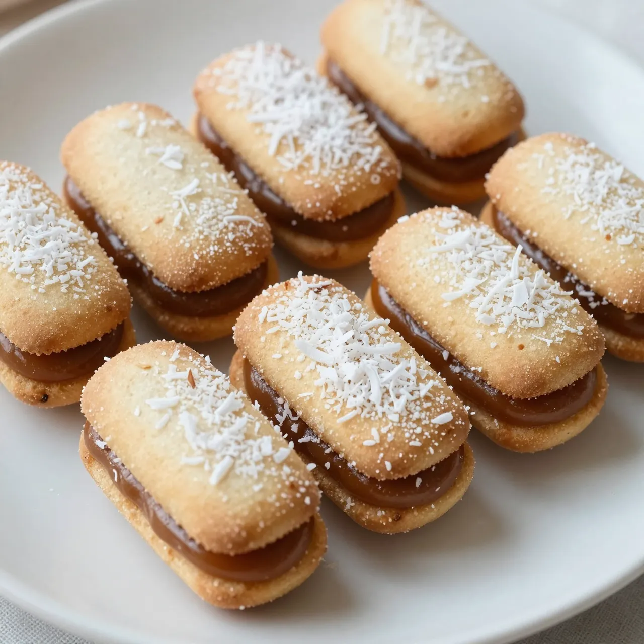 Close-up of coconut-topped dulce de leche alfajores arranged on a plain white plate