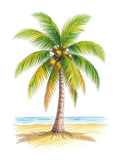 Colored pencil drawing of a coconut palm tree growing on a sandy shore beside the ocean on white paper