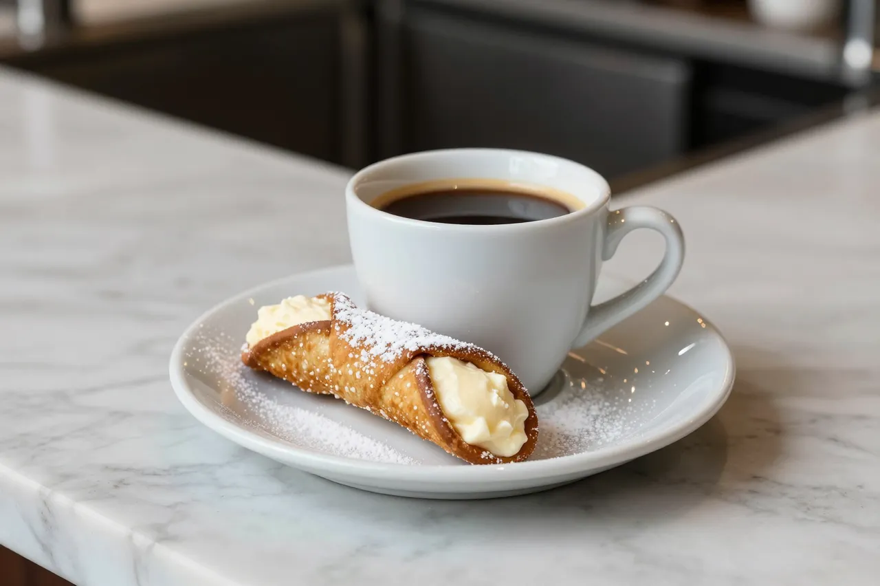 A white cup of black coffee sits beside a powdered sugar dusted cannoli on a white plate atop a marble cafe counter.