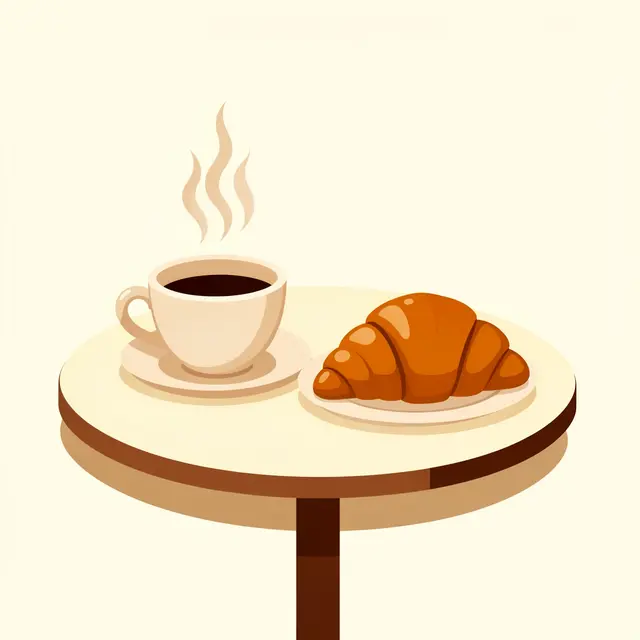 Steaming coffee cup and fresh croissant sit on a small round cafe table