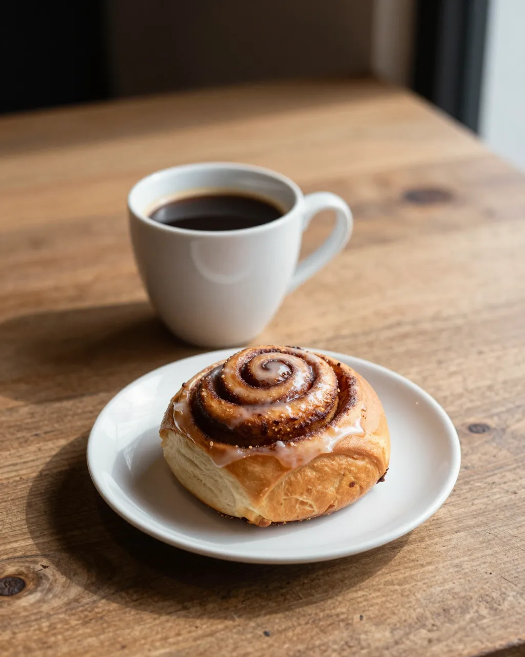 A white cup of black coffee sits beside a glazed cinnamon roll on a white plate atop a rustic wooden table.