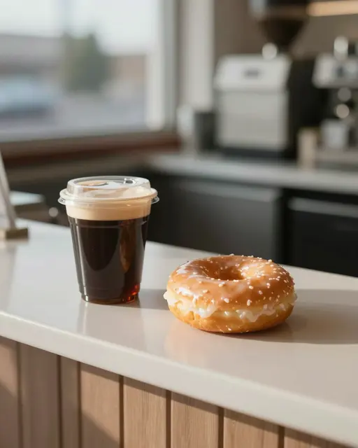 Iced black coffee in a clear plastic cup sits next to a glazed donut on a light cafe counter in soft morning light.