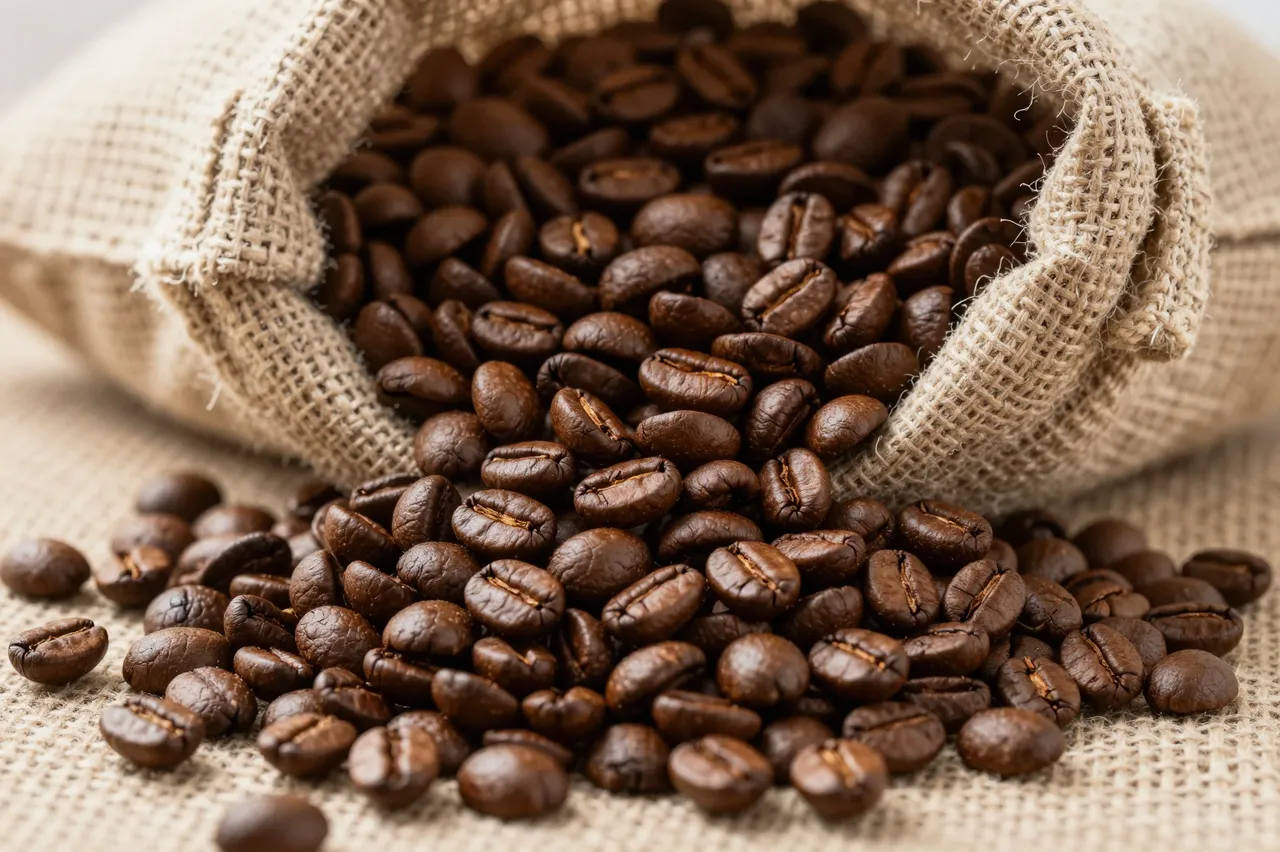 Roasted coffee beans spill out from an open burlap sack onto a textured burlap surface