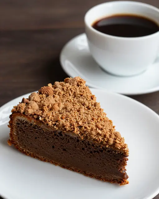 Slice of streusel-topped cake on a white plate next to a cup of black coffee on a dark wooden table