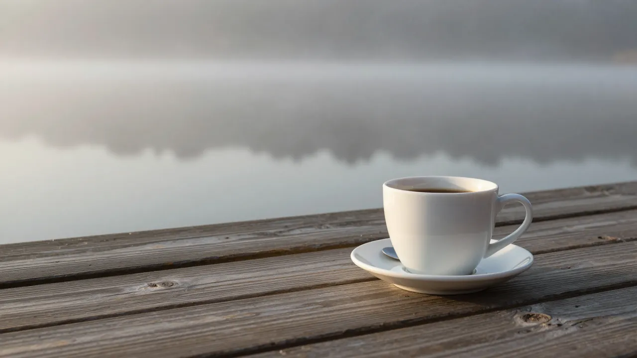 A white cup of coffee rests on a wooden dock overlooking a foggy lake at dawn