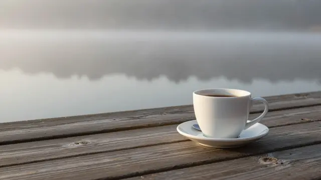 A white cup of coffee rests on a wooden dock overlooking a foggy lake at dawn