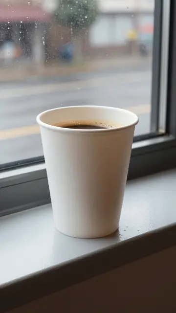 A paper coffee cup filled with black coffee sits on a windowsill next to a raindrop-streaked window overlooking a wet street.