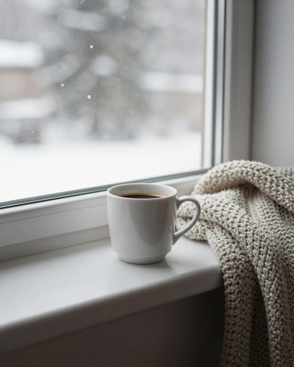 A white coffee mug rests on a windowsill beside a knitted blanket while snow falls outside