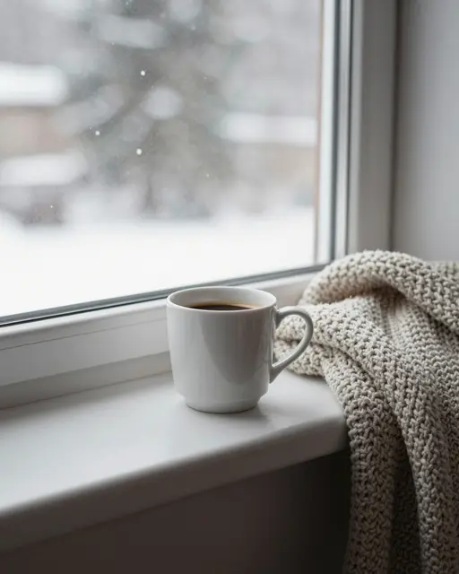 A white coffee mug rests on a windowsill beside a knitted blanket while snow falls outside