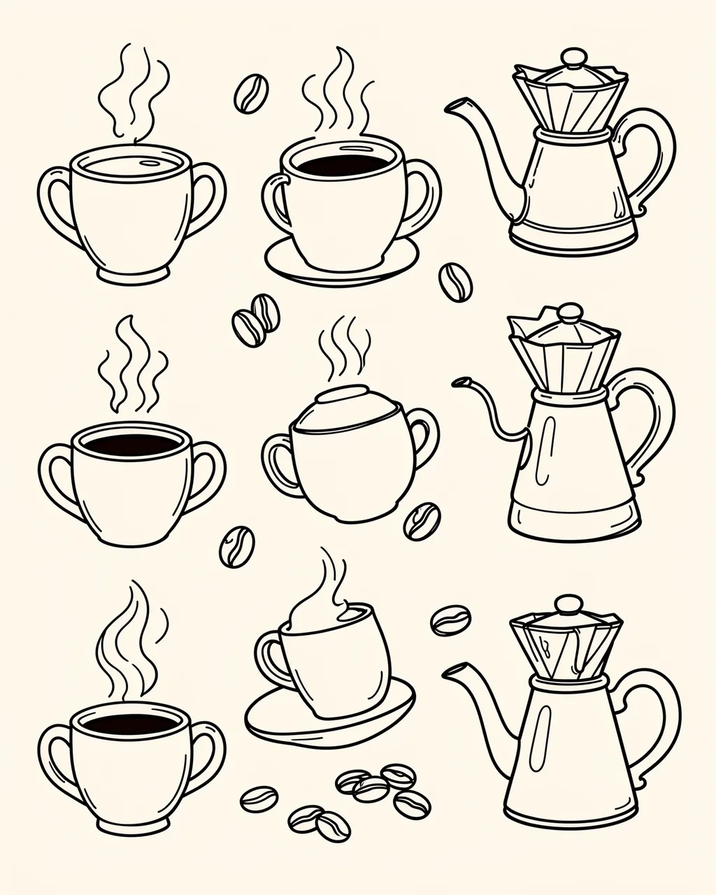 Monoline doodle illustration of steaming coffee mugs, beans, and pour-over kettles on an off-white background